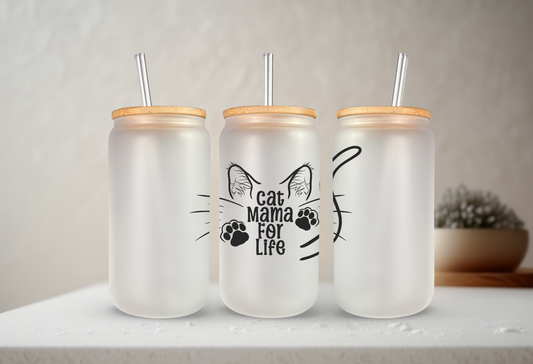 Handcrafted 16oz Frosted Glass Mug with Bamboo Lid, Straw, and Motivational Quote - "Cat Mama For Life"
