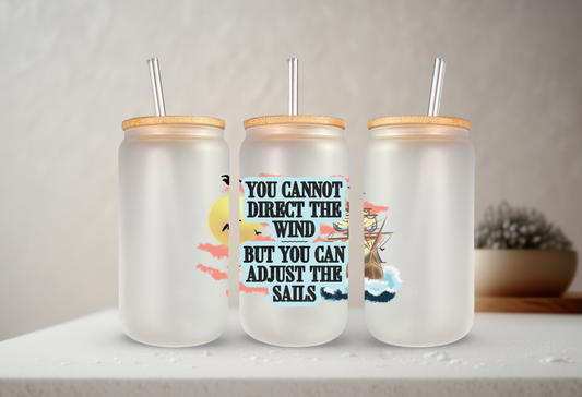 Handcrafted 16oz Frosted Glass Mug with Bamboo Lid, Straw, and Motivational Quote - Adjust the Sails